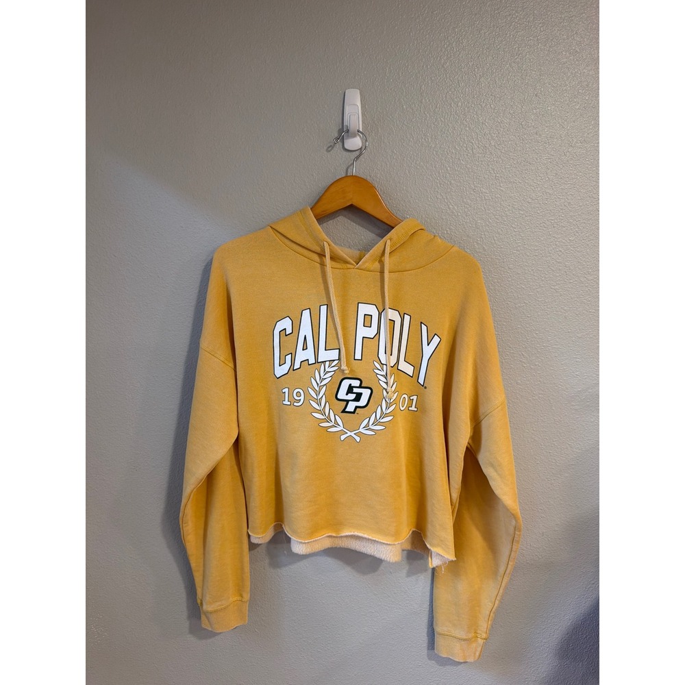chicka-d‎ Cal Poly Hoodie Women XL Mustard Yellow Cropped Raw Hem NWT
